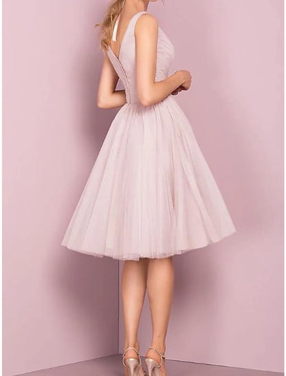 A-Line Flirty Empire Homecoming Cocktail Sleeveless Dress V Neck Knee Length Tulle with Pleats