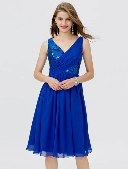 A-Line Cute Dress Cocktail Party Formal Evening Short / Mini Sleeveless V Neck Chiffon with Sequin Side Draping