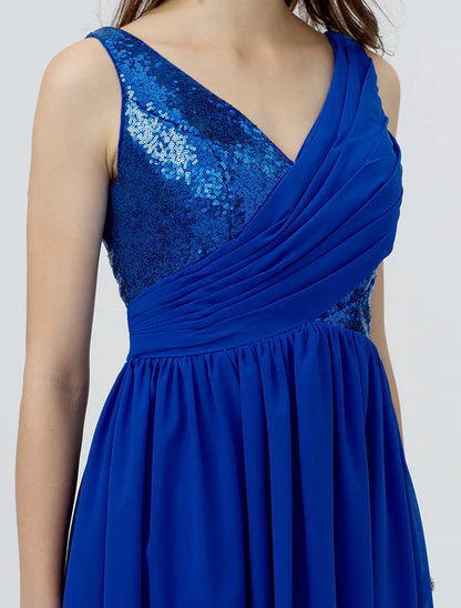 A-Line Cute Dress Cocktail Party Formal Evening Short / Mini Sleeveless V Neck Chiffon with Sequin Side Draping