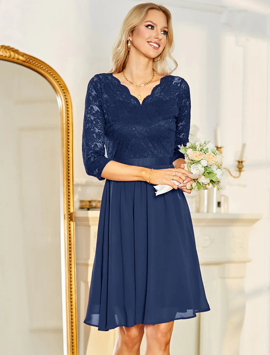 A-Line Cocktail Dresses Homecoming Dresses Vintage Dress Wedding Guest Party Wear Knee Length Half Sleeve V Neck Chiffon with Pleats