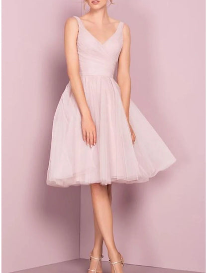 A-Line Flirty Empire Homecoming Cocktail Sleeveless Dress V Neck Knee Length Tulle with Pleats