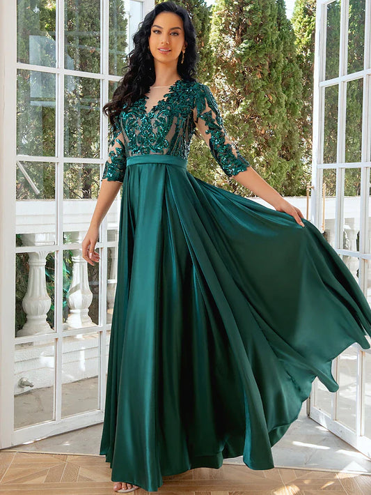 A-Line Evening Gown Elegant Dress Wedding Party Floor Length Half Sleeve Illusion Neck Satin with Pleats Sequin Slit