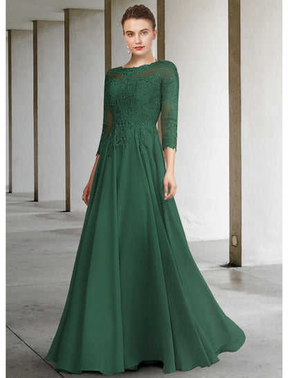 A-Line Mother of the Bride Dress Elegant Jewel Neck Floor Length Chiffon Lace 3/4 Length Sleeve with Appliques