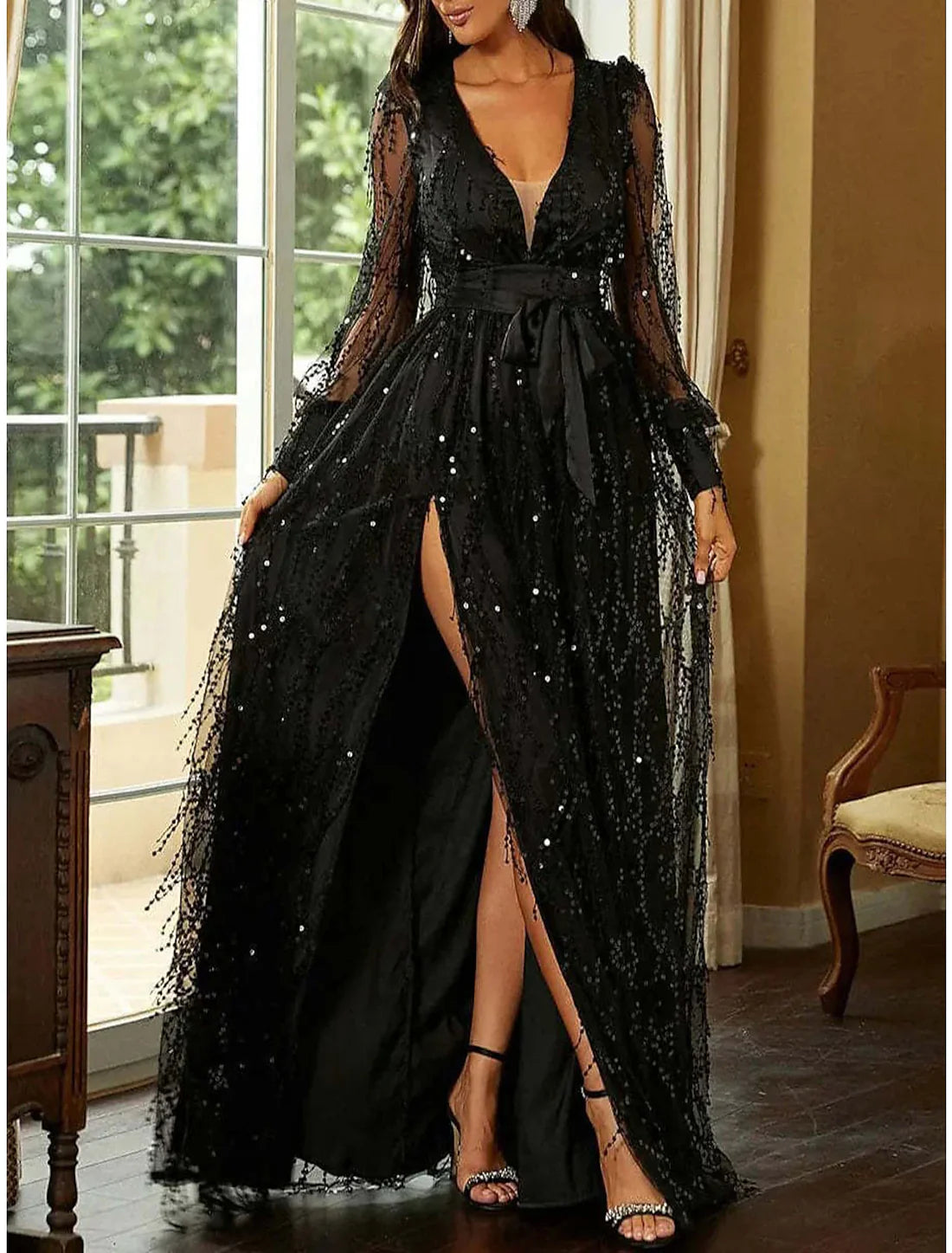 Gold Sequin Dress Prom Dress Party Dress Sparkly Dress Black Dress Black Homecoming Dress Long Dress Maxi Dress Long Sleeve Fall Winter Deep V Modern Winter Dress Fall Dress