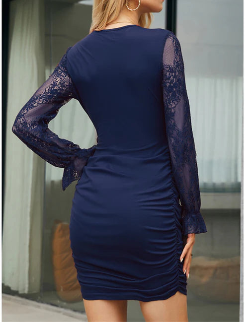 Party Dress Lace Dress New Year's Eve Dress Homecoming Dress Cocktail Dress Mini Dress Black Red Blue Long Sleeve Lace Fall Winter V Neck Winter Dress Wedding Guest