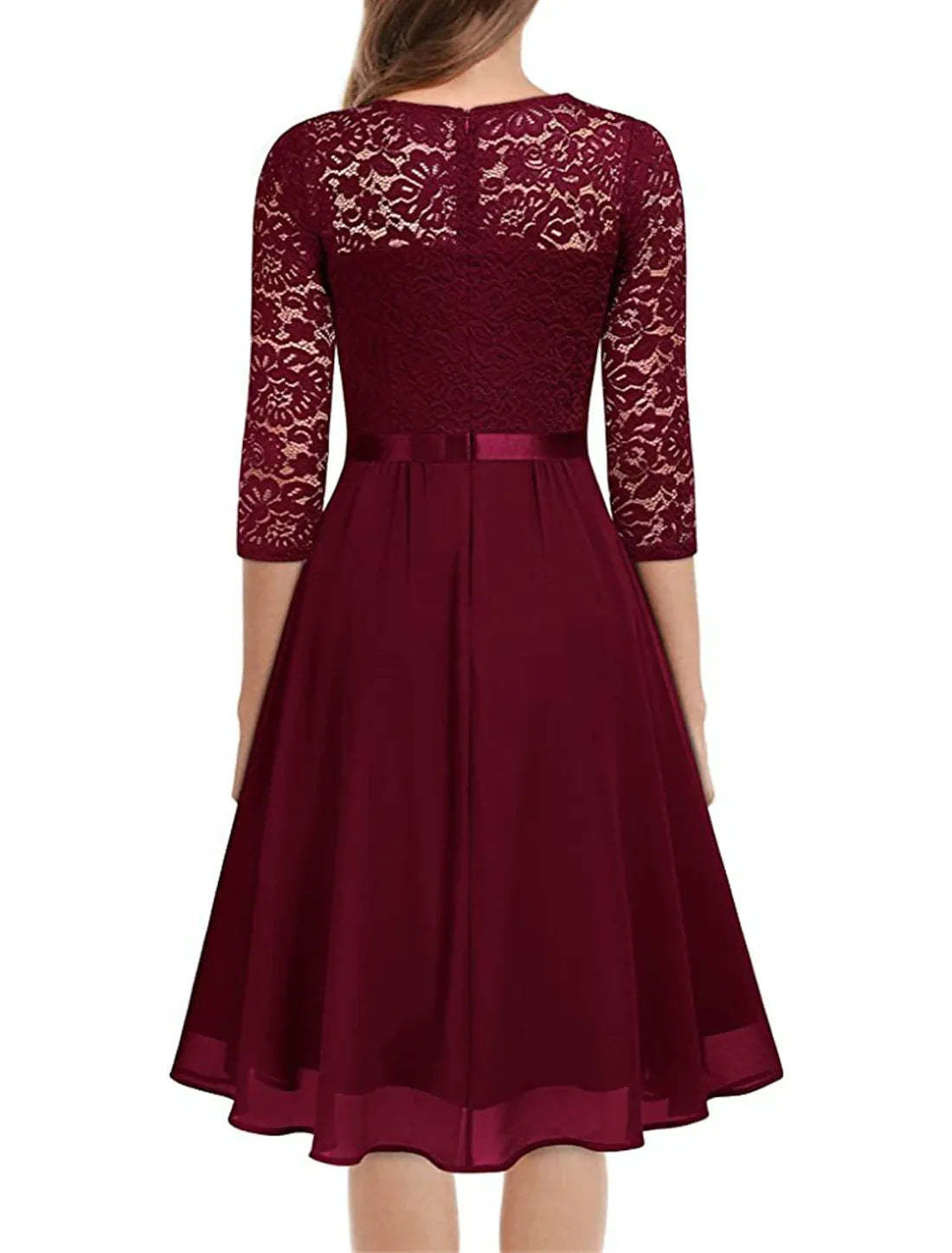 Party Dress Lace Dress Cocktail Dress Midi Dress Wine Half Sleeve Pure Color Lace Spring Fall Winter V Neck Elegant Wedding Guest Dresses