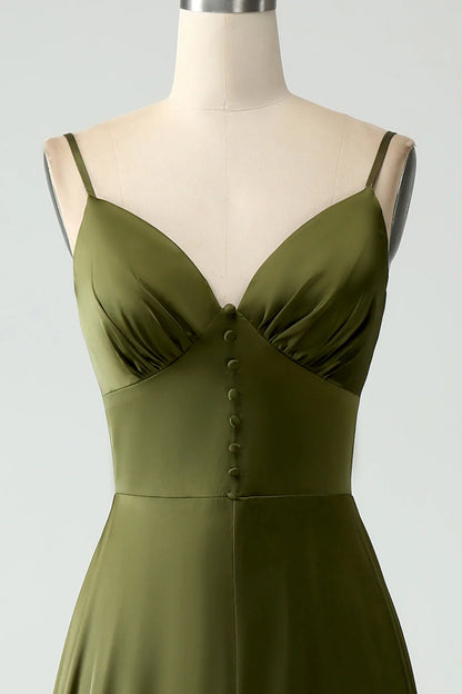 A-Line Spaghetti Straps Olive Satin Long Bridesmaid Dress