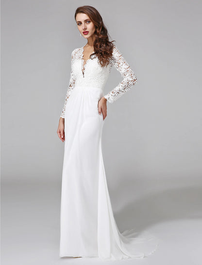 Beach Royal Style Boho Wedding Dresses Sheath / Column Illusion Neck Long Sleeve Sweep / Brush Train Chiffon Bridal Gowns With Lace Button