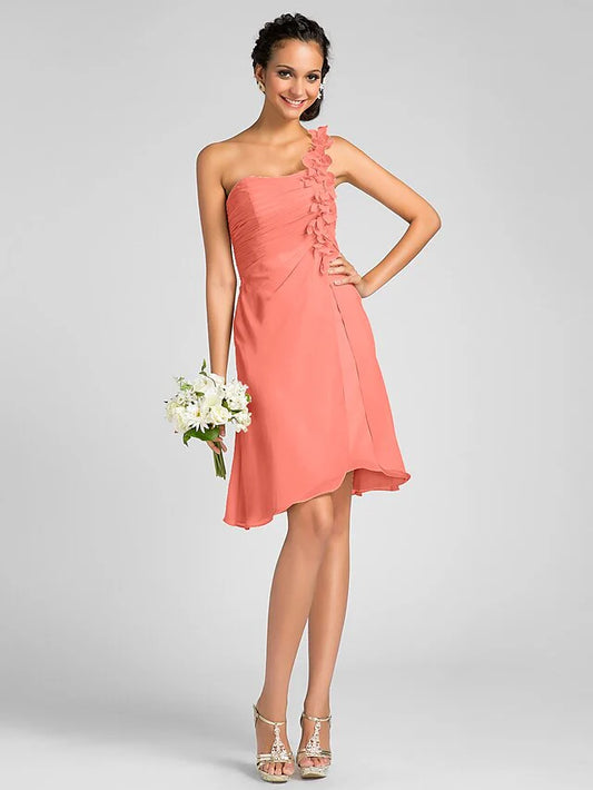 Sheath / Column Bridesmaid Dress One Shoulder Sleeveless Knee Length Chiffon with Side Draping / Flower