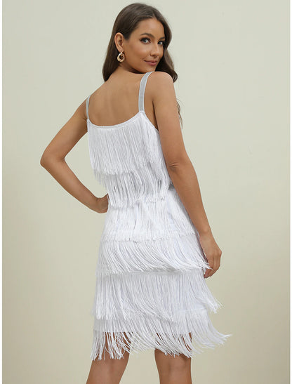 Women's Fringe Dress Party Dress Homecoming Dress Mini Dress Black White Red Sleeveless Pure Color Tassel Fringe Spring Fall Winter Spaghetti Strap Fashion Party Wedding Guest Birthday Slim