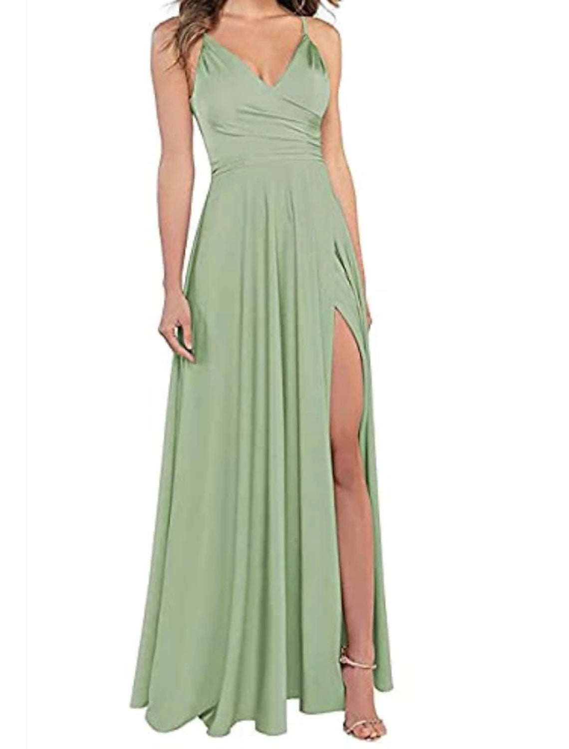 A-Line Wedding Guest Prom Floor Length Sleeveless Spaghetti Strap Bridesmaid Dress Satin with Slit