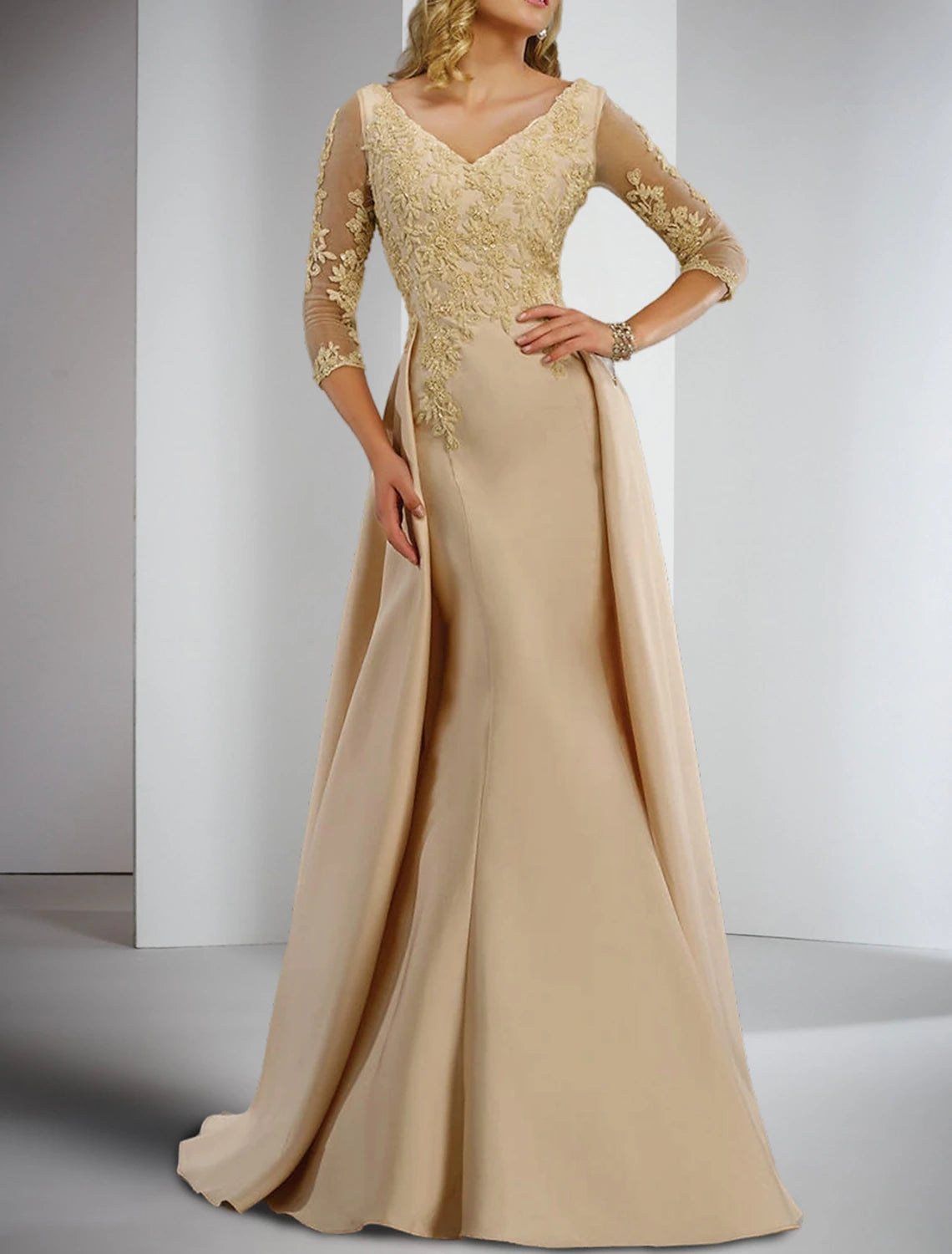 Wedding Guest V Neck Floor Length Sheath Satin Lace 3/4 Length Sleeve Mother of the Bride Dress with Appliques