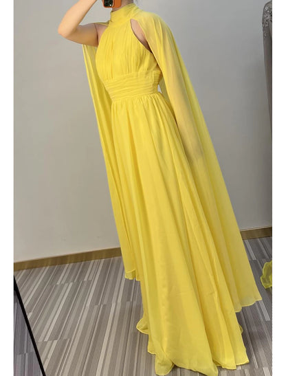 A-Line Wedding Guest Dress Floor Length Sleeveless High Neck Capes Chiffon with Ruched