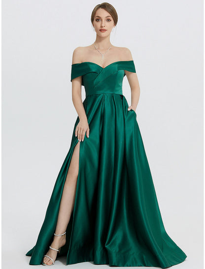 A-Line Evening Gown Elegant Dress Formal Prom Floor Length Sleeveless Sweetheart Satin with Slit