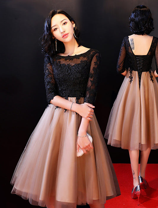 A-Line Celebrity Style Wedding Guest Cocktail Party Dress Boat Neck Backless Half Sleeve Knee Length Lace with Lace Insert Appliques