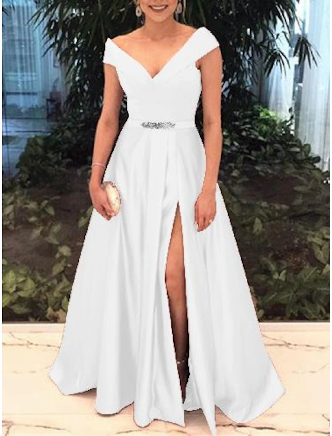 A-Line Evening Gown Elegant Dress Valentine's Day Prom Sweep / Brush Train Short Sleeve Off Shoulder Satin with Slit Front