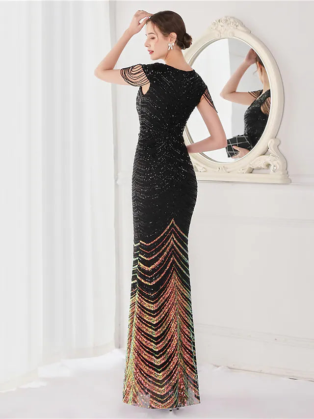 Mermaid / Trumpet Evening Gown Elegant Dress Wedding Guest Floor Length Sleeveless V Neck Sequined V Back with Sequin