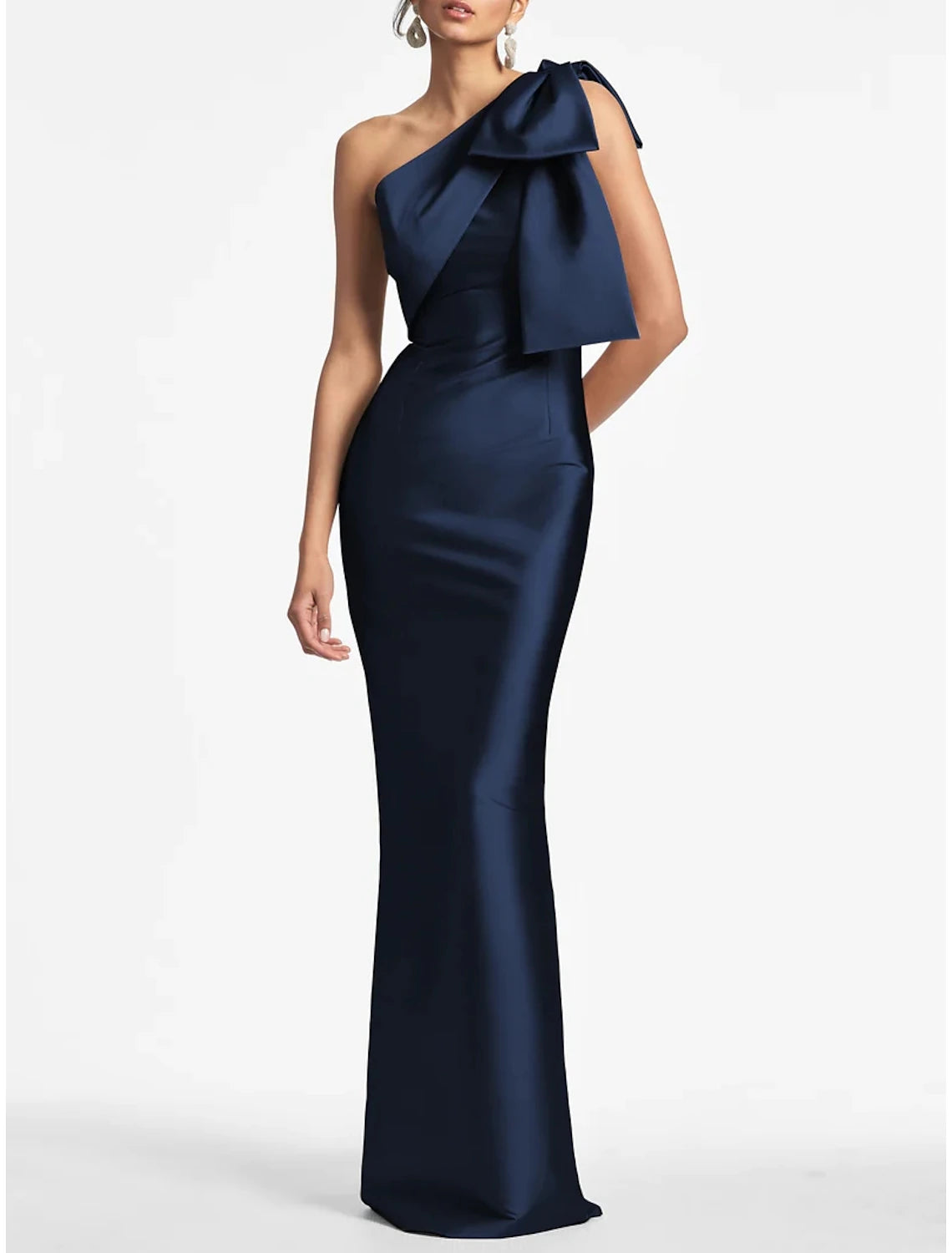 Sheath Mermaid Sleeveless Evening Gown One Shoulder Ankle Length Satin Party Dress With Bow Slit
