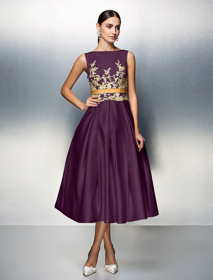 A-Line Cocktail Dresses Party Dress Wedding Guest Prom Tea Length Sleeveless Jewel Neck Satin V Back with Pleats Appliques