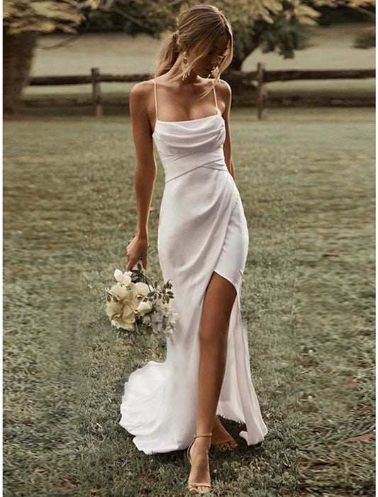 Charming Beach Sexy Casual Wedding Dresses Sheath / Column Square Camisole Spaghetti Strap Sweep / Brush Train Stretch Fabric Bridal Gowns With Ruched Split Front