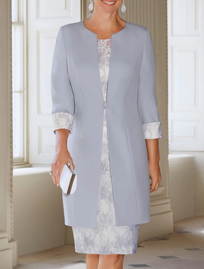 Sheath / Column Jewel Neck Knee Length Jacket Dress Lace 3/4 Length Sleeve Mother of the Bride Dress with Appliques