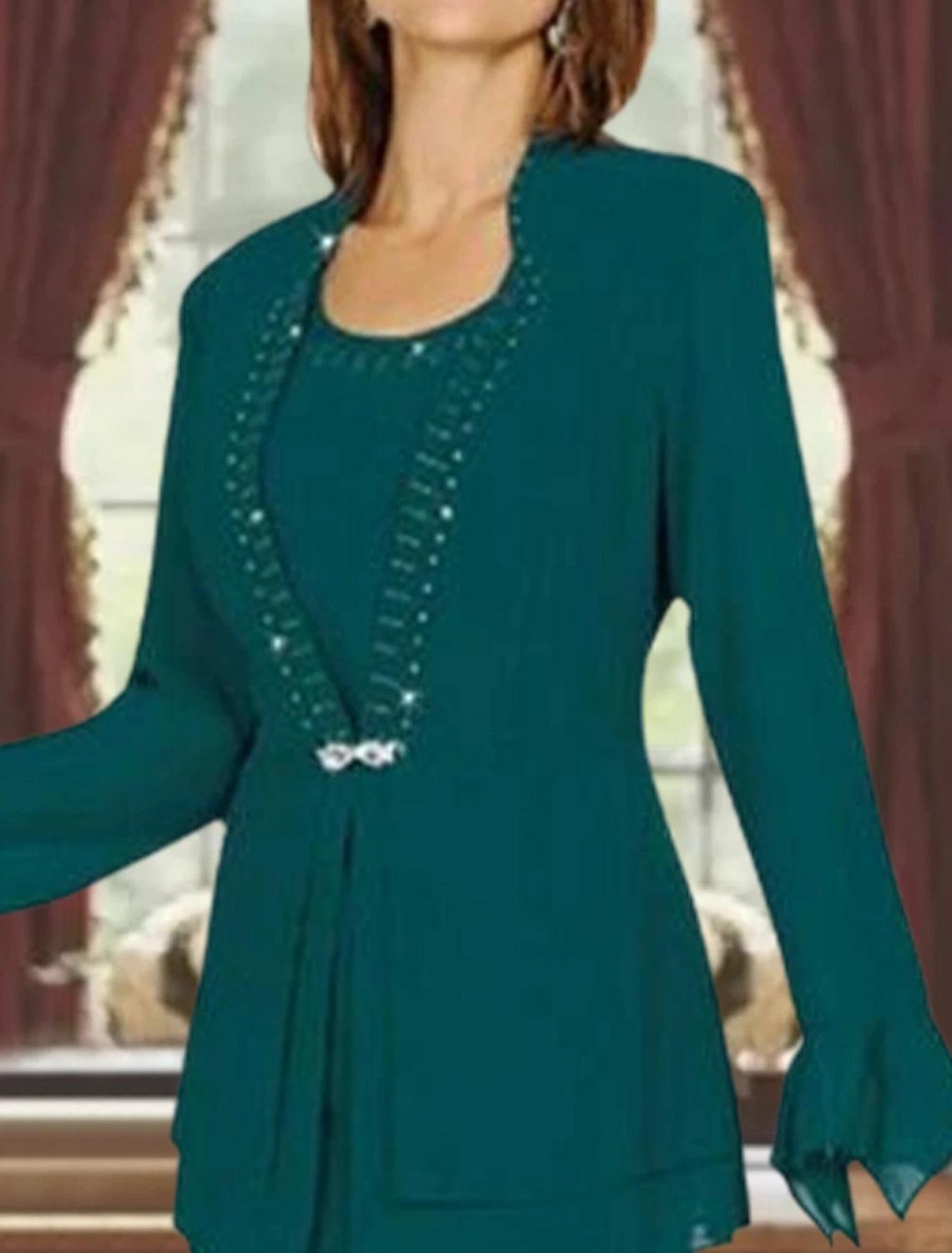 Sheath / Column Jewel Neck Ankle Length Formal Wedding Guest Two Pieces Chiffon Long Sleeve Jacket Dresses Mother of the Bride Dress with Beading Crystal Brooch