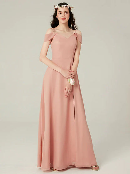 A-Line Bridesmaid Dress Spaghetti Strap Short Sleeve Furcal Floor Length Chiffon with Split Front