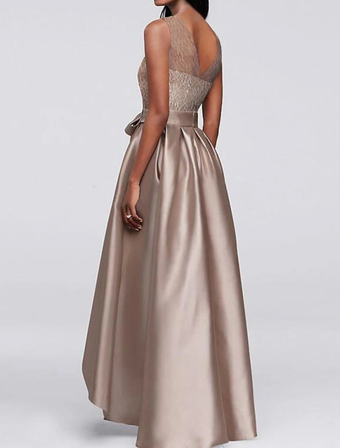A-Line High Low Asymmetrical  Wedding Guest Dress Jewel Neck Satin Sleeveless Mother of the Bride Dress with Bow