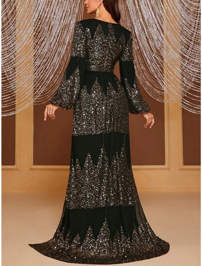 Sheath Evening Gown Elegant Black Dress Formal Sweep / Brush Train Long Sleeve V Neck Polyester with Pleats Sequin Slit