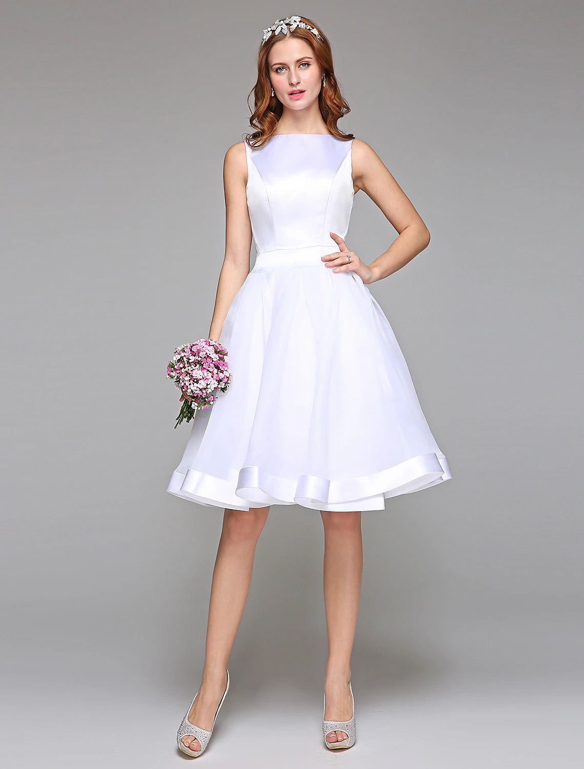 Wedding Dresses A-Line Bateau Neck Regular Straps Knee Length Satin Bridal Gowns With Bowknot Sash / Ribbon