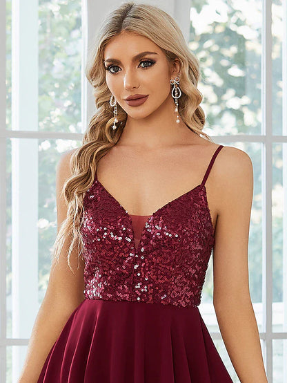 A-Line Homecoming Dresses Sexy Dress Party Wear Short / Mini Sleeveless Spaghetti Strap Chiffon with Pleats Sequin