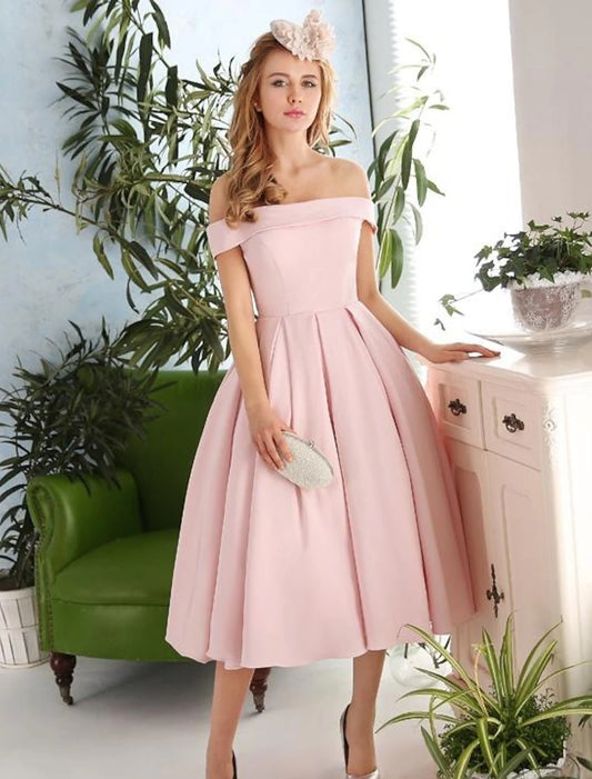 A-Line Cocktail Dresses Vintage Dress Engagement Cocktail Party Tea Length Sleeveless Off Shoulder Stretch Fabric with Pleats