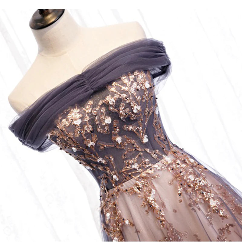 A-Line Off The Shoulder Sparkly Evening Dresses Tulle Long Prom Dresses