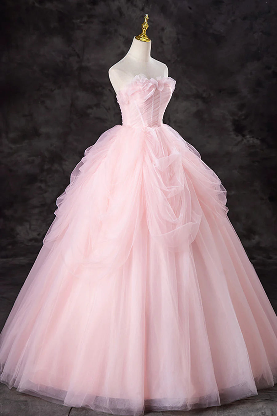 A-Line Quinceanera Dresses Strapless Pink Tulle Long Formal Gown Sweet 16 Princess Dress