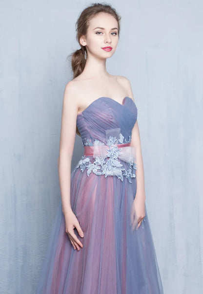 A-Line Tulle Lace Off The Shoulder Long Prom Dresses Evening Dresses With Appliques