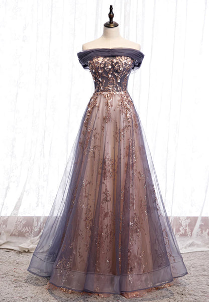 A-Line Off The Shoulder Sparkly Evening Dresses Tulle Long Prom Dresses