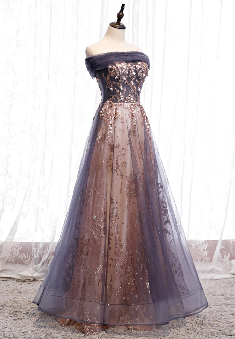 A-Line Off The Shoulder Sparkly Evening Dresses Tulle Long Prom Dresses