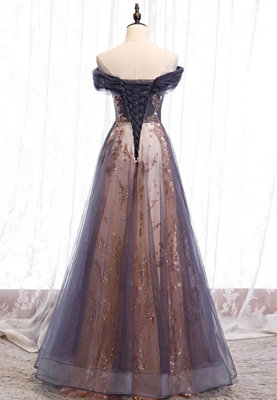 A-Line Off The Shoulder Sparkly Evening Dresses Tulle Long Prom Dresses