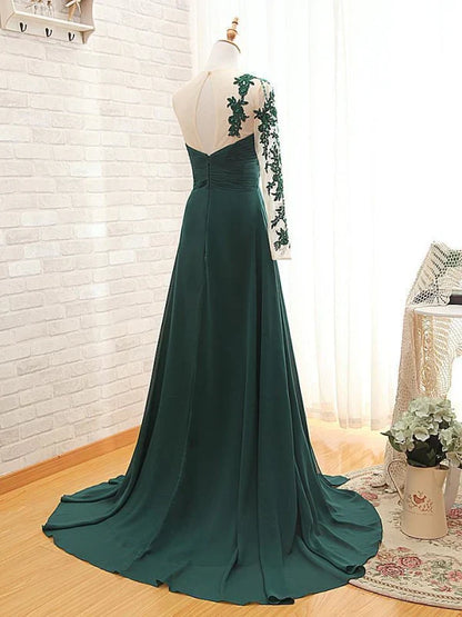 A Line One Shoulder Long Sleeve Prom Dress Dark Green Floor Length Evening Dress