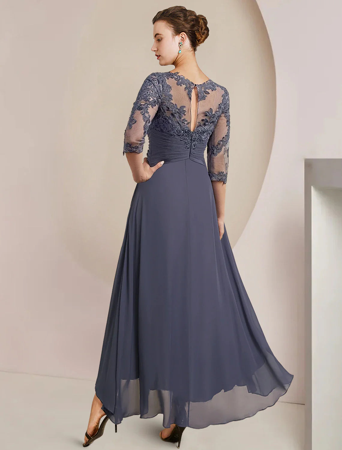 A-Line Mother of the Bride Dress Wedding Guest Elegant High Low Scoop Neck Asymmetrical Tea Length Chiffon Lace 3/4 Length Sleeve with Pleats Appliques