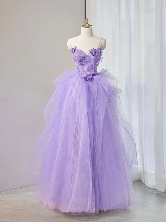 Quinceanera Dresses Princess Cute Prom Dress Tulle Purple Sweetheart Neck Tulle Applique Long Prom Dress Purple Long Sweet 16 Dress