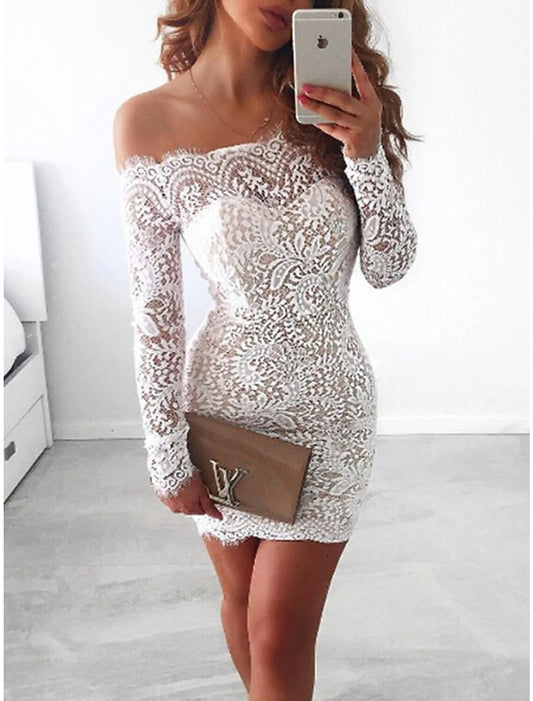 Sheath / Column Homecoming Dresses Little White Dresses Dress Holiday Graduation Short / Mini Long Sleeve Off Shoulder Lace