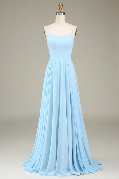 A-Line Pleated Spaghetti Straps Sky Blue Chiffon Long Bridesmaid Dress