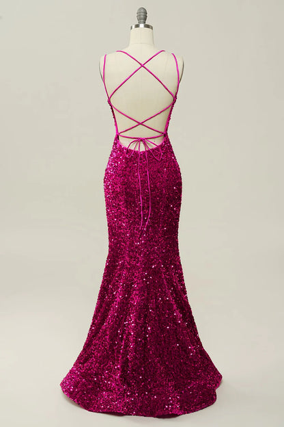 Mermaid Hot Pink Spaghetti Straps  Sleek Glitter Sparking Prom Dress with Sequins