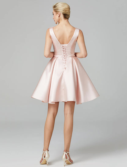 A-Line Cute Dress Wedding Guest Homecoming Knee Length Sleeveless V Wire Satin with Bow(s) Pleats