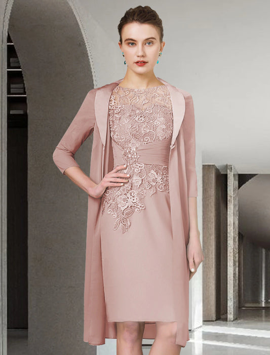 Two Piece Sheath / Column Mother of the Bride Dress Wedding Guest Church Elegant Plus Size Jewel Neck Knee Length Chiffon Lace Half Sleeve Wrap Included Jacket Dresses with Ruched Appliques