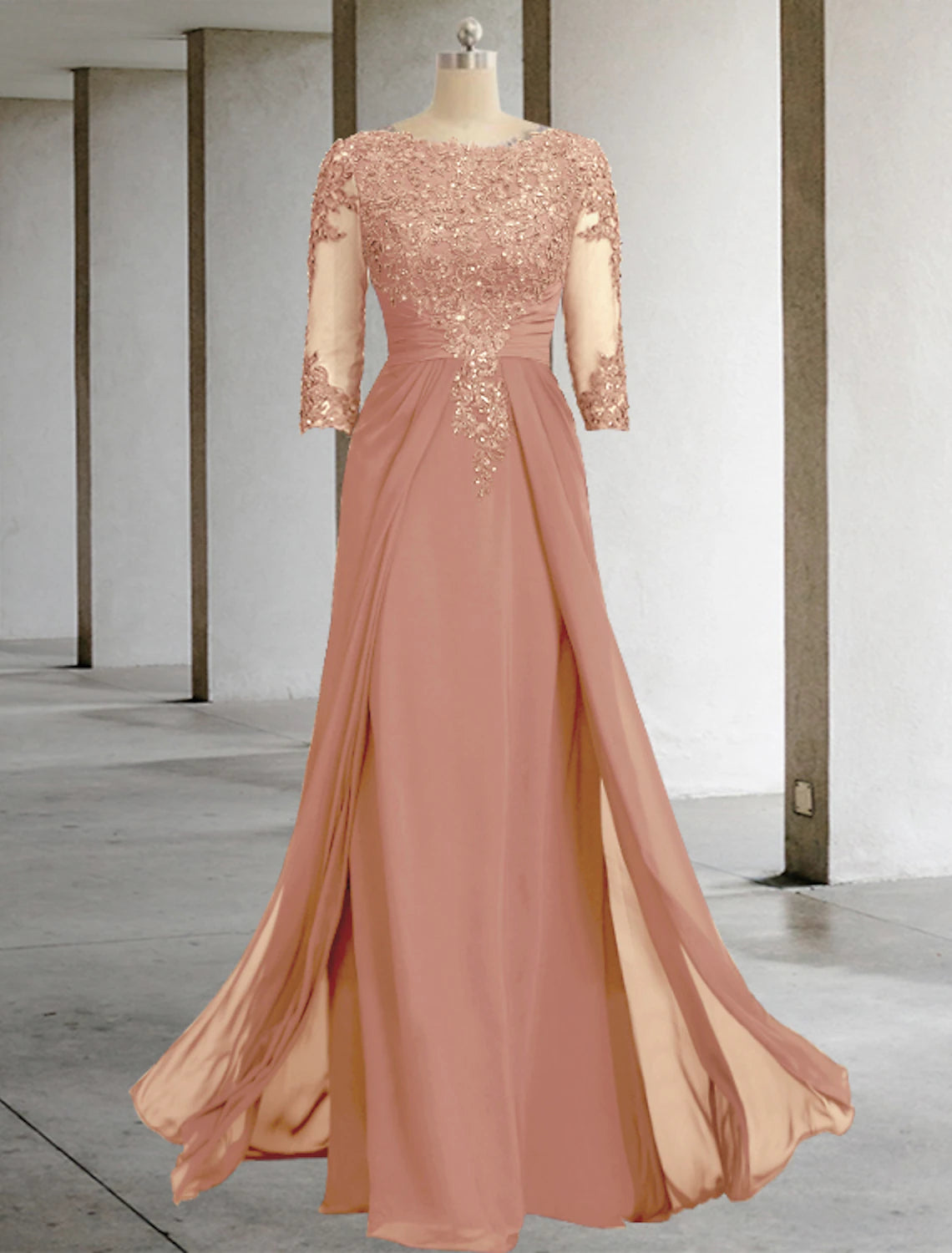 Sheath / Column  Sparkle/Shine Sequin Scoop Neck Floor Length Formal Wedding Guest With Overskirts Chiffon Lace 3/4 Sleeve Mother of the Bride Dress with Appliques