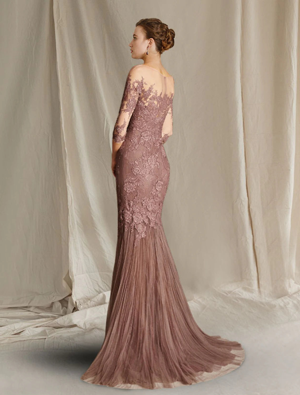 Mermaid / Trumpet Mother of the Bride Dress Formal Wedding Guest Scoop Neck Sweep / Brush Train Lace Tulle Half Sleeve with Appliques