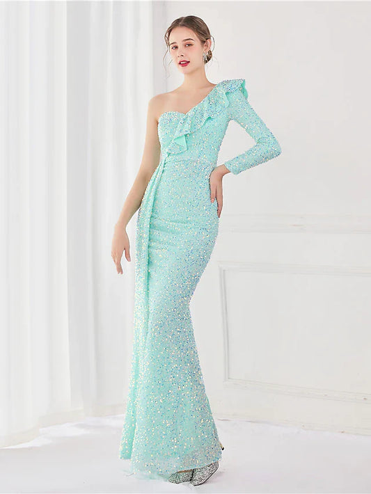 Mermaid / Trumpet Evening Gown Elegant Dress Wedding Guest Floor Length Long Sleeve One Shoulder Sequined V Back with Sequin Slit