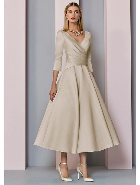 A-Line Mother of the Bride Dress Wedding Guest Elegant Vintage Plus Size V Neck Tea Length Satin 3/4 Length Sleeve with Pleats